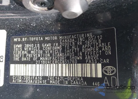 2012 Toyota Corolla L from USA, damaged, VIN 2T1BU4EE8CC855760